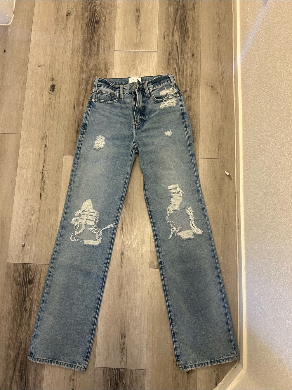 Frame Denim Light Blue Distressed Straight-Leg Jeans